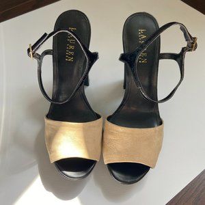 Ralph Lauren Black Patent Platform Block Heels with Suede | Size 8B